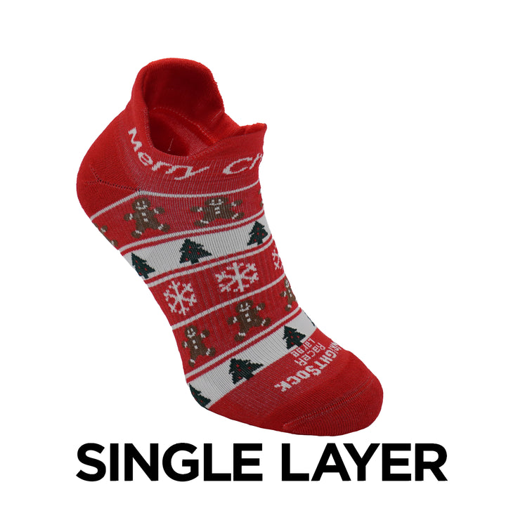 Racer, Red Christmas Stripes, Double Tab, socks with single layer logo below.